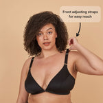 Beautiful young model wearing the Springrose velcro front closure bra in black, highlighting the wide shoulder straps