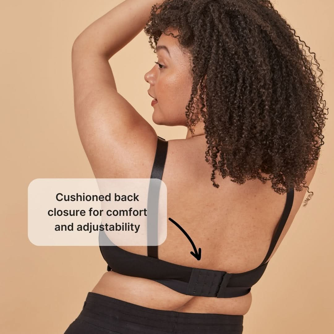 Model showing the back closure of the Springrose front closure bra in black