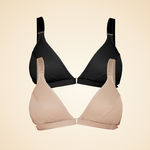 The Springrose adaptive bra two pack bundle with a beige and a black velcro front closure bra